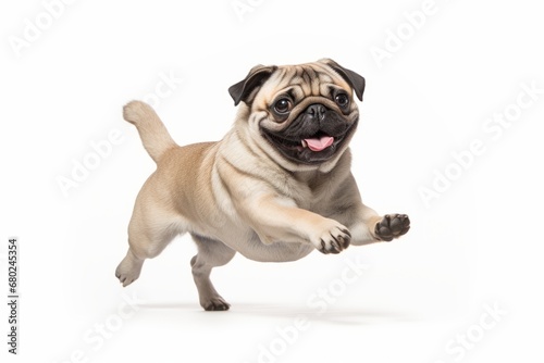 Full-length portrait photography of a funny pug chasing his tail against a white background. With generative AI technology © Markus Schröder