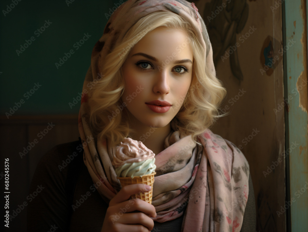 A woman wearing a scarf and holding an ice cream cone