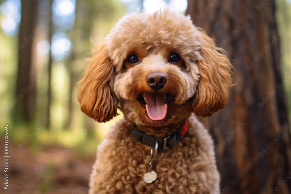 Headshot portrait photography of a happy poodle sitting against a forest background. With generative AI technology