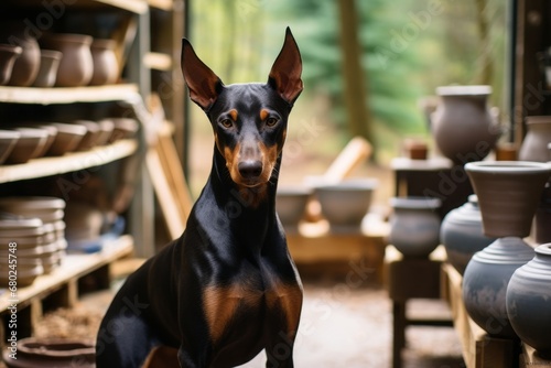 Medium shot portrait photography of a cute doberman pinscher being at a pottery studio against a forest background. With generative AI technology