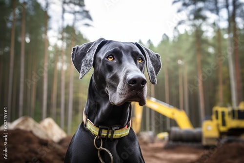 Headshot portrait photography of a curious great dane being at a construction site against a forest background. With generative AI technology