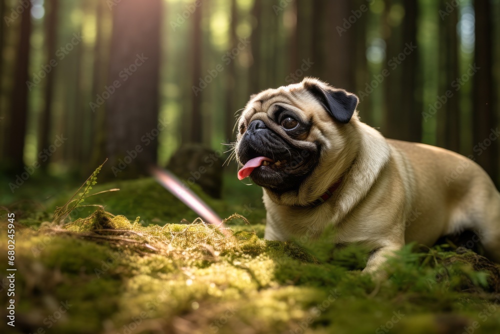 Environmental portrait photography of a curious pug playing with a laser pointer against a forest background. With generative AI technology