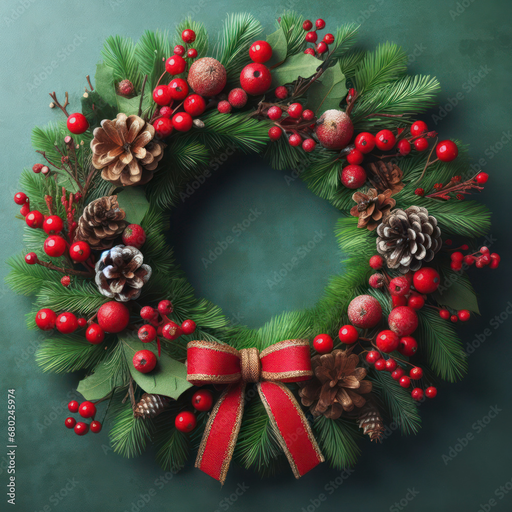 a christmas wreath with red berries and pine cones on a green background. ai generative