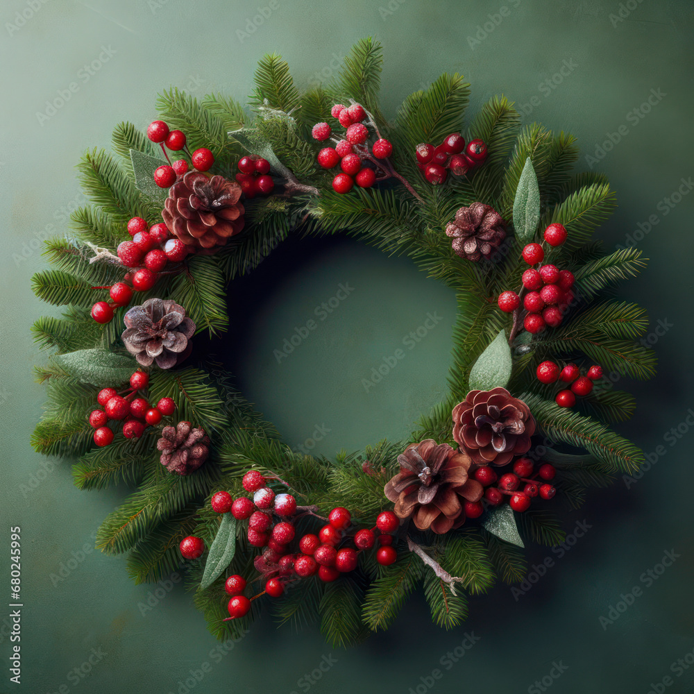 a christmas wreath with red berries and pine cones on a green background. ai generative