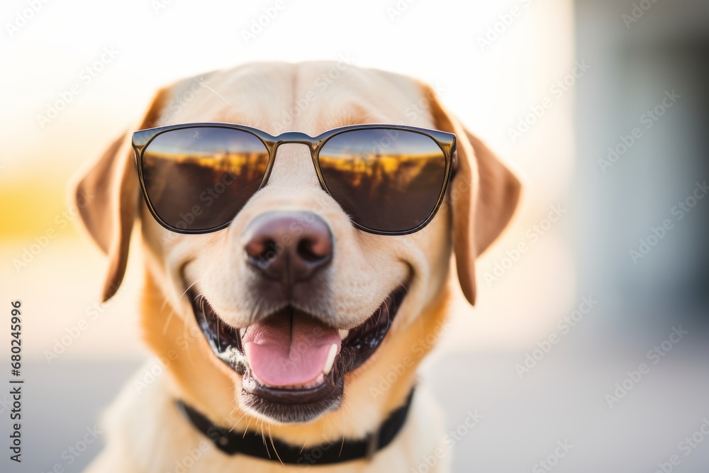 Medium shot portrait photography of a happy labrador retriever wearing a trendy sunglasses against a minimalist or empty room background. With generative AI technology