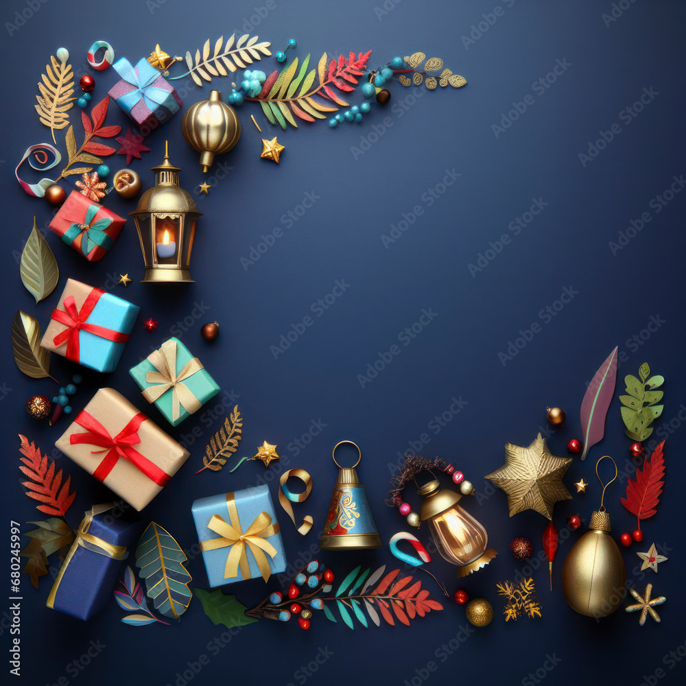 a colorful christmas border with gifts, christmas leave and little lamps decoration. ai generative