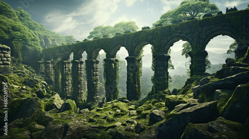 An aqueduct covered in moss in the middle of a forest