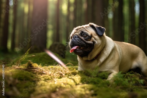 Environmental portrait photography of a curious pug playing with a laser pointer against a forest background. With generative AI technology