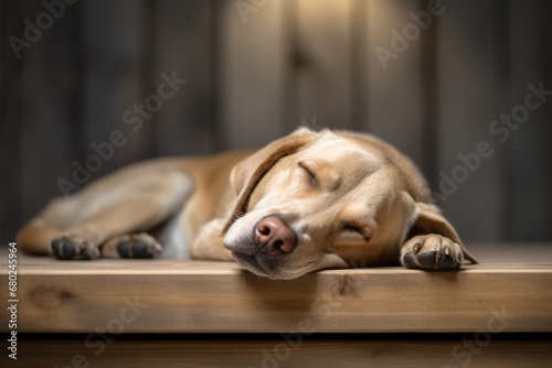 Medium shot portrait photography of a tired labrador retriever sleeping against a minimalist or empty room background. With generative AI technology