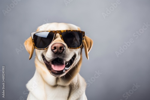 Medium shot portrait photography of a happy labrador retriever wearing a trendy sunglasses against a minimalist or empty room background. With generative AI technology