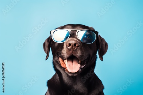 happy labrador retriever wearing a trendy sunglasses against a minimalist or empty room background.  © Markus Schröder