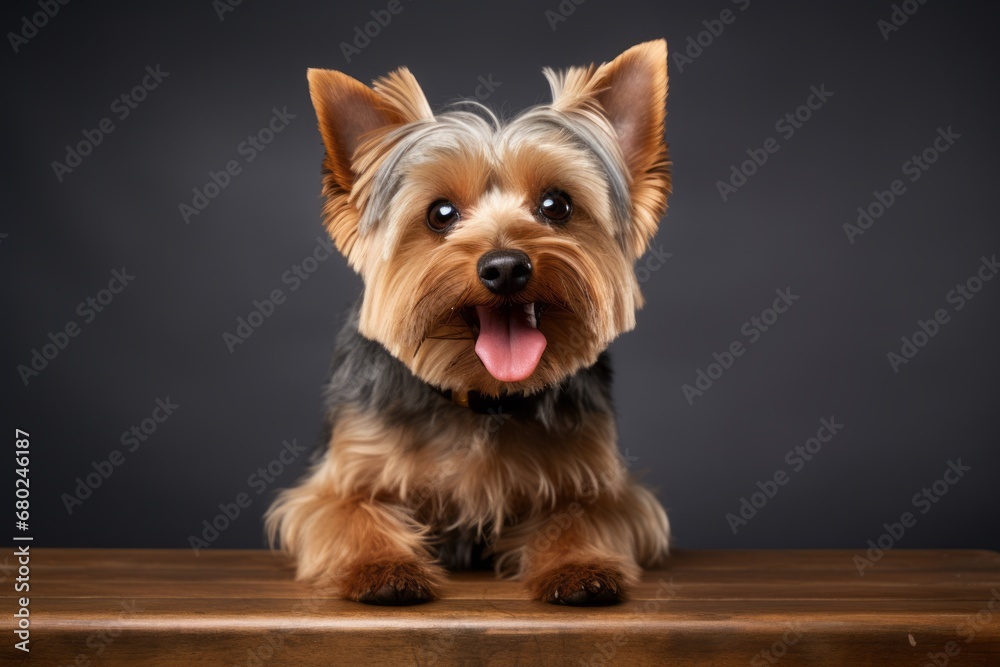 Medium shot portrait photography of a smiling yorkshire terrier sitting on a bench against a minimalist or empty room background. With generative AI technology Medium shot portrait photography of a smiling yorkshire terrier sitting on a bench against a minimalist or empty room background. With generative AI technology