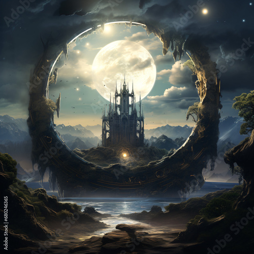 A painting of a castle in the middle of the night surrounde by a fantasy archway
