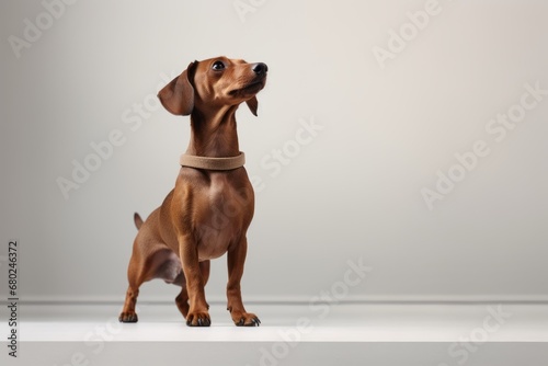 Environmental portrait photography of a smiling dachshund standing on hind legs against a minimalist or empty room background. With generative AI technology