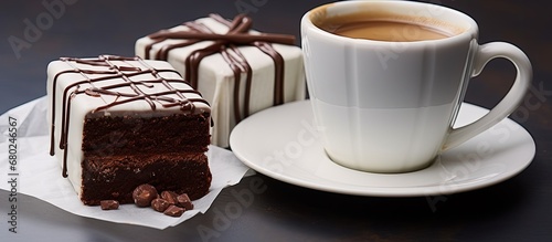 In the background, a white coffee cup sits next to a mouthwatering chocolate cake, surrounded by a tempting chocolate bar and a beautifully wrapped chocolate box.