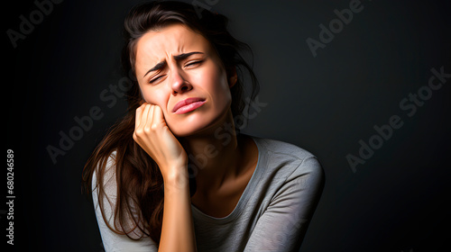 A woman with a toothache expression. Oral hygiene. Inflammation photo