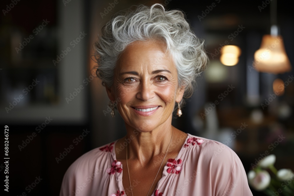 Mature woman adult senior beautiful retired portrait face elderly happy person smile female - obrazy, fototapety, plakaty 