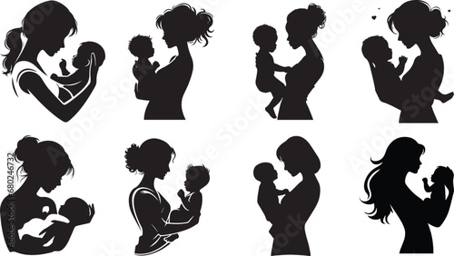 Mother Holding Her Baby Silhouette Vector Illustration EPS