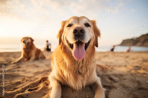 Group portrait photography of a smiling golden retriever scratching himself against a beach background. With generative AI technology
