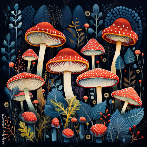 A pattern of mushrooms in a forest on a black background