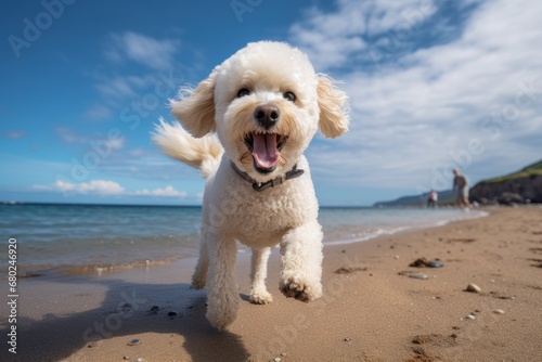 Environmental portrait photography of a happy poodle shaking his paws against a beach background. With generative AI technology © Markus Schröder