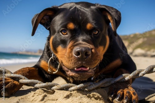 Medium shot portrait photography of a funny rottweiler playing tug-of-war against a beach background. With generative AI technology