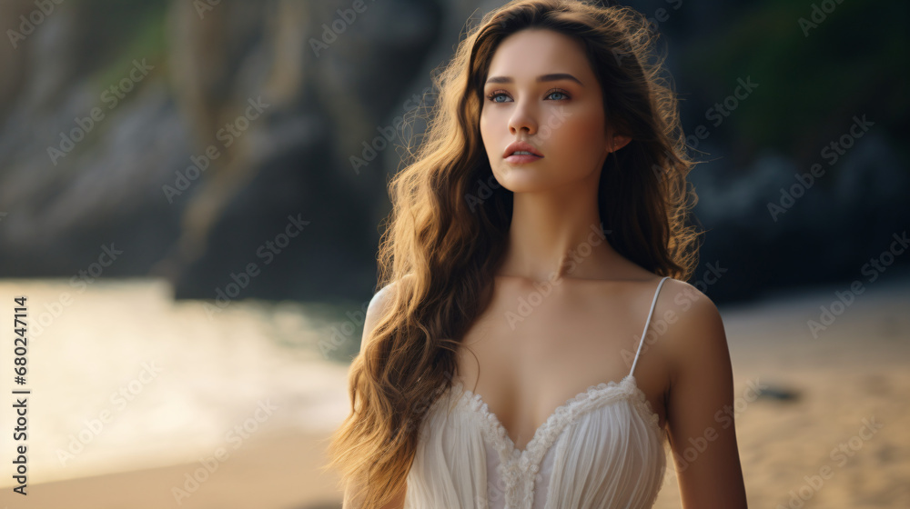 A beautiful young woman in a white dress standing on a beach A beautiful young woman in a white dress standing on a beach