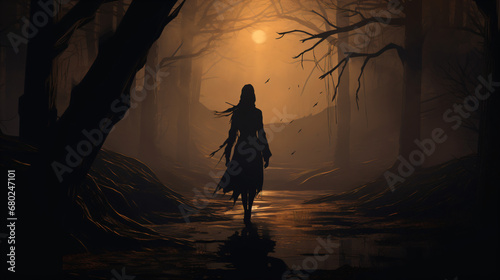 A woman with torn clothes walking through a dark forest at night