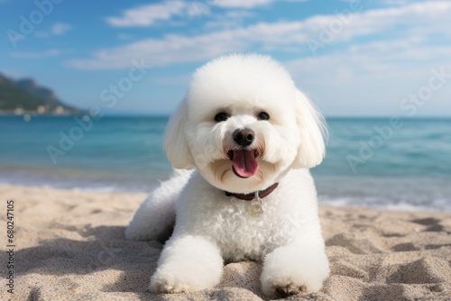 Lifestyle portrait photography of a happy bichon frise lying down against a beach background. With generative AI technology © Markus Schröder