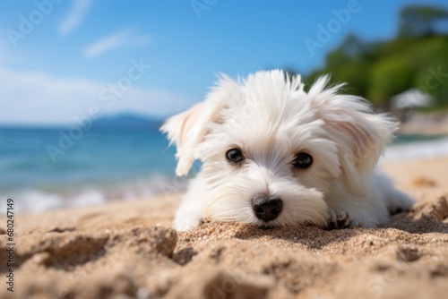 Close-up portrait photography of a curious maltese lying down against a beach background. With generative AI technology © Markus Schröder