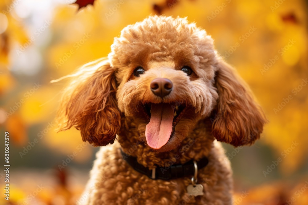 Medium shot portrait photography of a smiling poodle scratching nose against an autumn foliage background. With generative AI technology Medium shot portrait photography of a smiling poodle scratching nose against an autumn foliage background. With generative AI technology