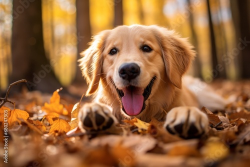 Conceptual portrait photography of a smiling golden retriever having a paw print against an autumn foliage background. With generative AI technology