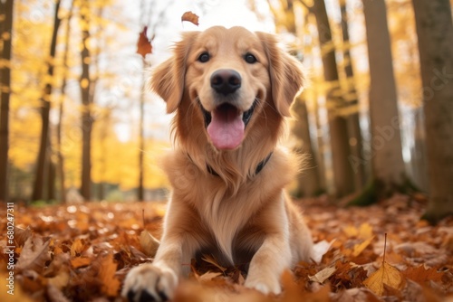 Conceptual portrait photography of a smiling golden retriever having a paw print against an autumn foliage background. With generative AI technology