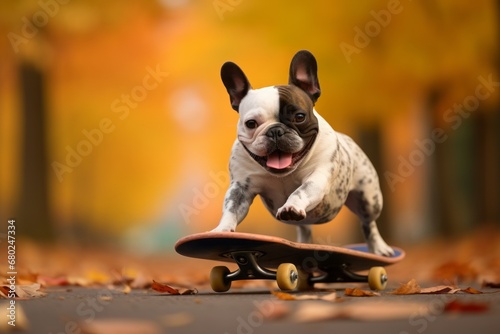 Environmental portrait photography of a smiling french bulldog skateboarding against an autumn foliage background. With generative AI technology © Markus Schröder