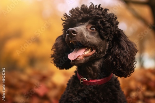 Medium shot portrait photography of a smiling poodle scratching nose against an autumn foliage background. With generative AI technology