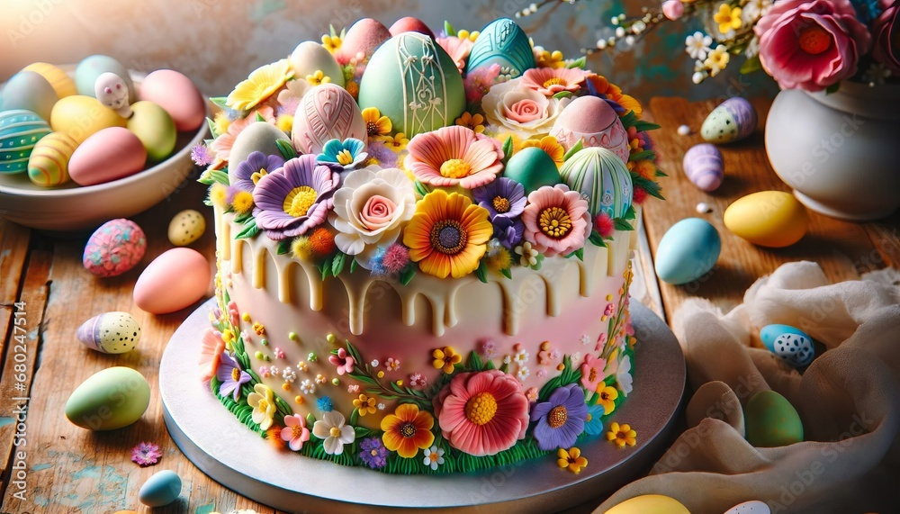 A masterfully crafted Easter cake comes to life with swirls of pastel icing and a crown of fresh, edible florals, embodying the joy of springtime festivities.Generative AI A masterfully crafted Easter cake comes to life with swirls of pastel icing and a crown of fresh, edible florals, embodying the joy of springtime festivities.Generative AI