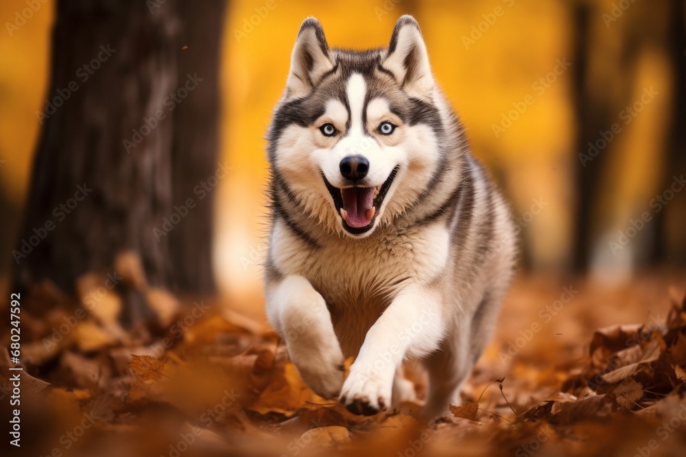 funny siberian husky running isolated in an autumn foliage background