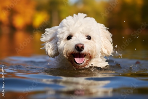 smiling bichon frise swimming in a lake while standing against an autumn foliage background