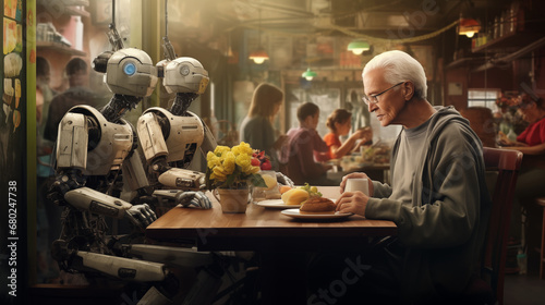 Futuristic Robotic Restaurant Workers Accompany  Lonely Senior Man at his Dinner Out, Compassion, Human-Like Behaviour, Future Geriatric Care, Holistic Social Services, Customer Experience, AI Ethics photo