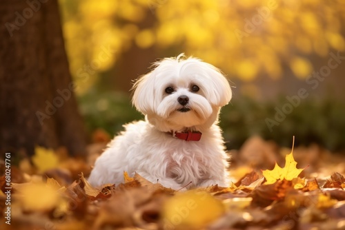 funny maltese sitting in an autumn foliage background