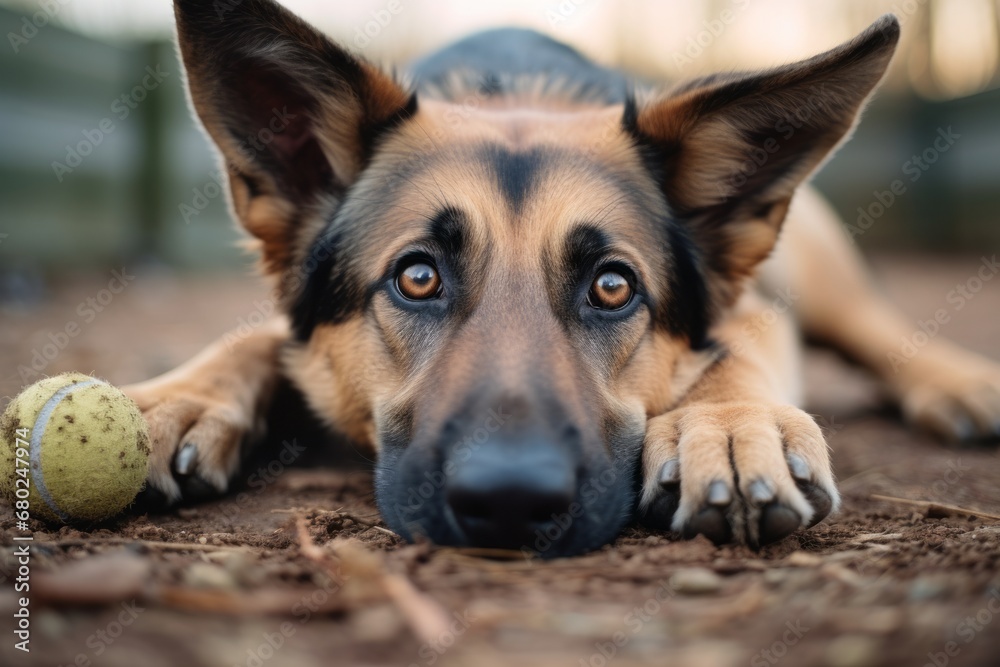 funny german shepherd hiding a bone isolated on a pastel or soft colors background - obrazy, fototapety, plakaty 