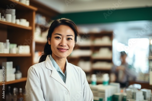 Portrait of a smiling female pharmacist in a pharmacy, generated id