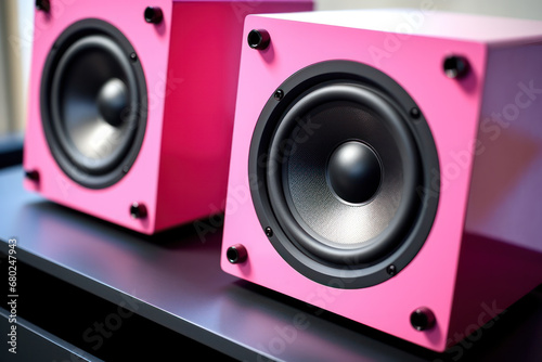 Modern pink powerful audio speaker on yellow background, space for text