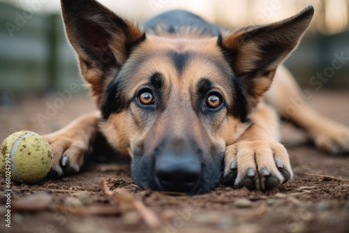 funny german shepherd hiding a bone isolated on a pastel or soft colors background