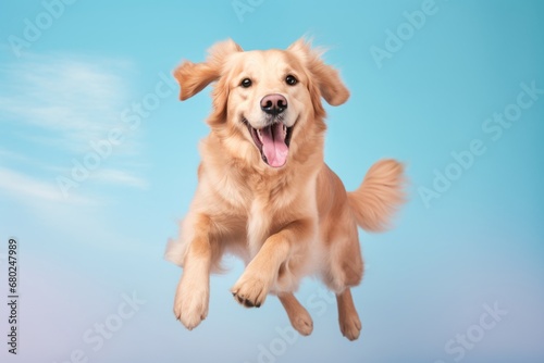 smiling golden retriever jumping over a pastel or soft colors background