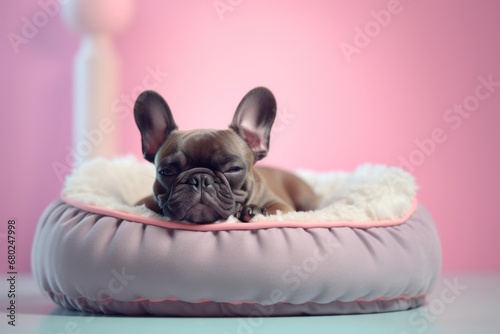 happy french bulldog sleeping in a dog bed isolated on a pastel or soft colors background