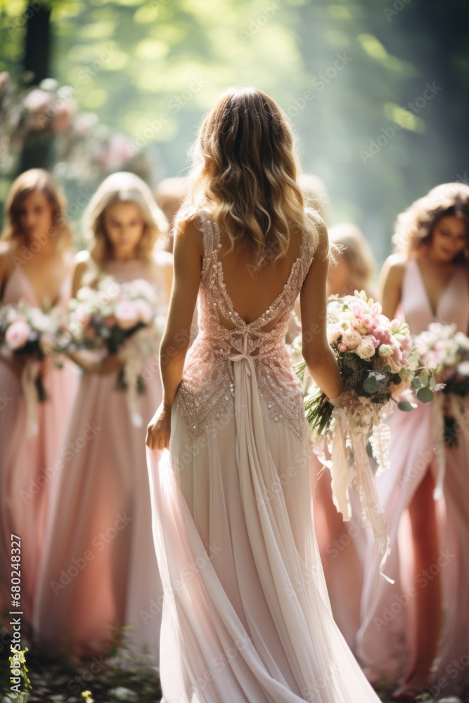 Naklejka premium Bride and Bridesmaids in Stunning Pink Ensembles