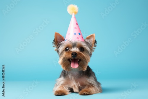 happy yorkshire terrier wearing a birthday hat over a pastel or soft colors background