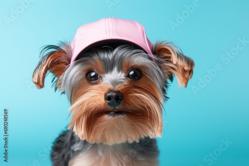 funny yorkshire terrier wearing a cap over a pastel or soft colors background