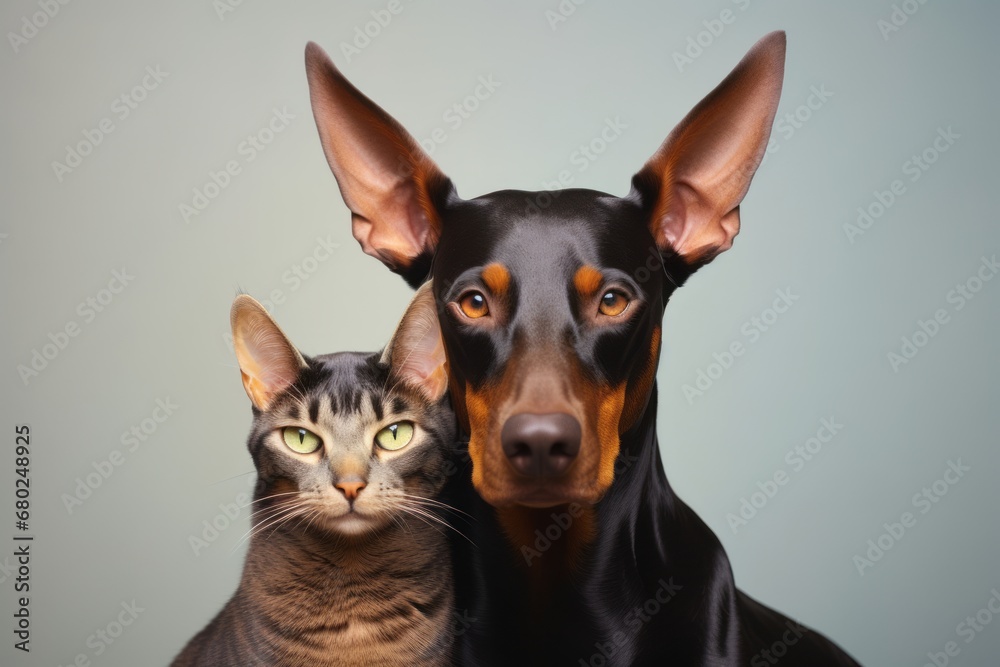 funny doberman pinscher cuddling with a cat while standing against a pastel or soft colors background